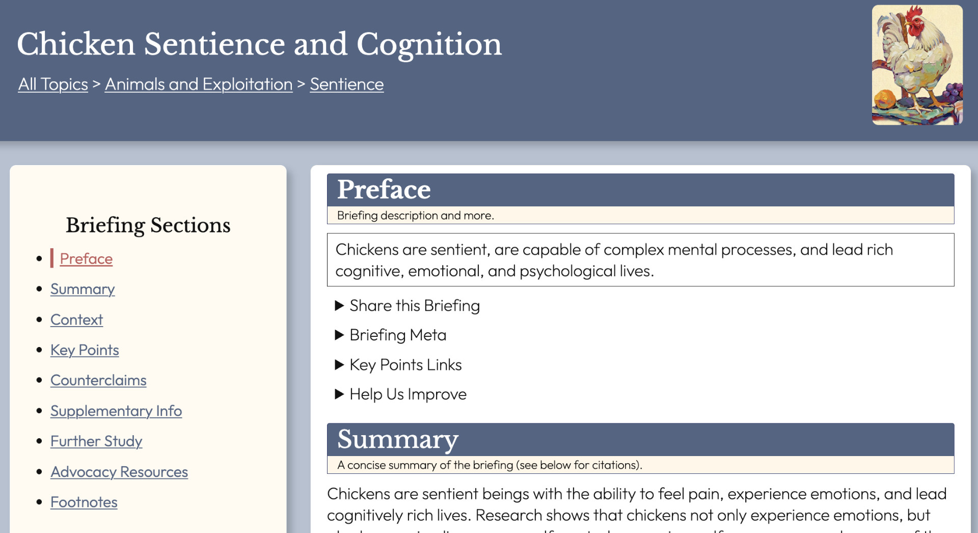 A screenshot of a vBriefings page titled “Chicken Sentience and Cognition.” At the top, a breadcrumb trail reads “All Topics > Animals and Exploitation > Sentience,” showing the hierarchical category path. The layout illustrates how topics appear in breadcrumbs and how a specific briefing fits within the broader topic structure.