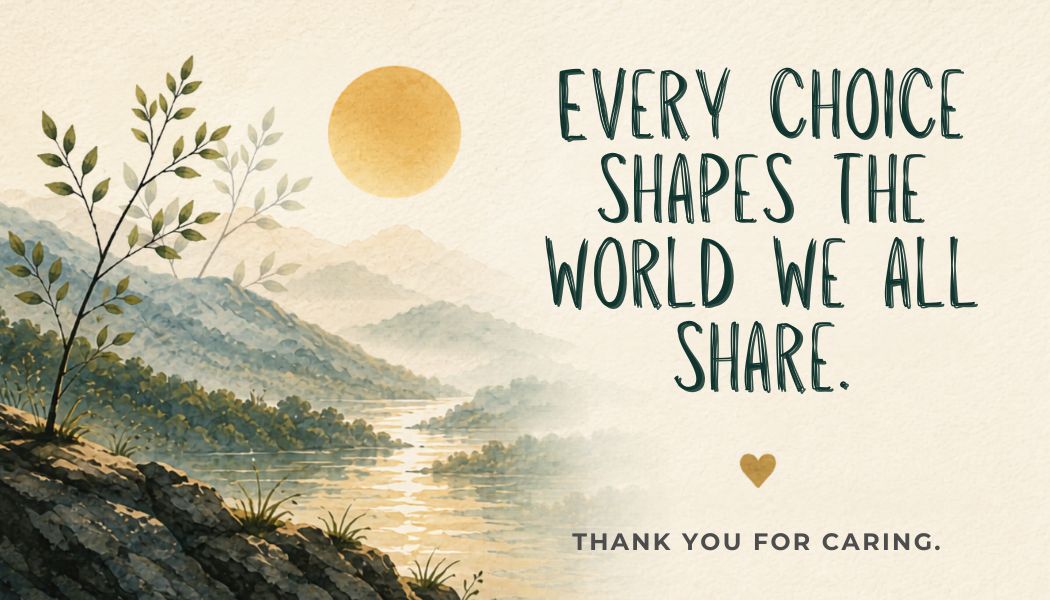 Watercolor-style landscape with mountains, river, and a small tree beneath a golden sun. Text reads: “Every choice shapes the world we all share.” Below, a small heart icon and the words “Thank you for caring.”