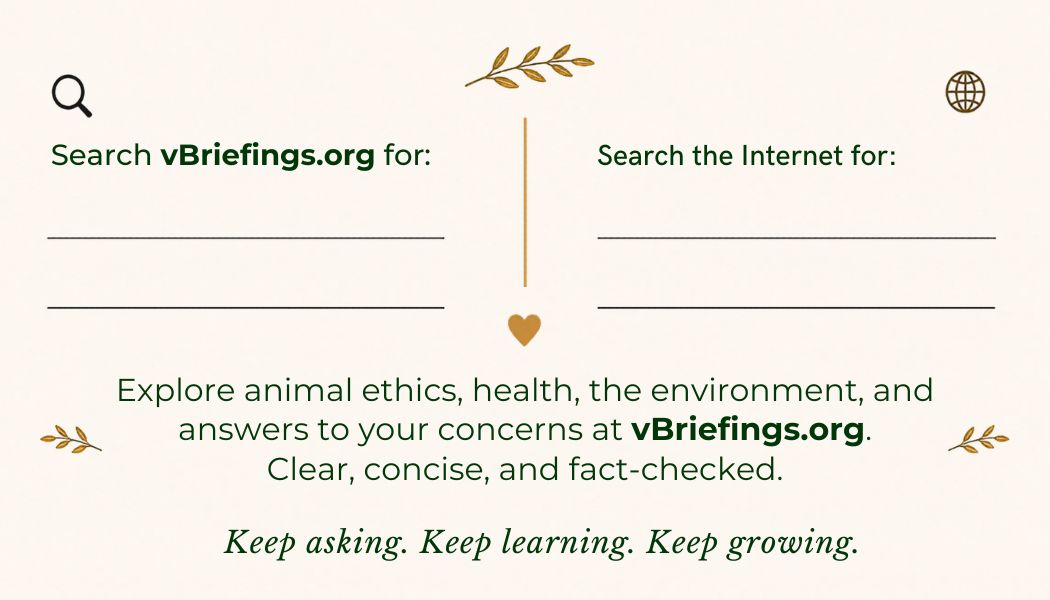 Back of outreach card with two blank spaces for personalized recommendations. Left side: “Search vBriefings.org for:” with two lines to write on. Right side: “Search the Internet for:” with two lines to write on. Below: “Explore animal ethics, health, the environment, and answers to your concerns at vBriefings.org. Clear, concise, and fact-checked.” Bottom text: “Keep asking. Keep learning. Keep growing.”