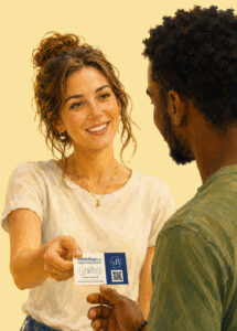 Painterly illustration of a smiling young woman handing a vBriefings outreach card to a man in a green shirt. The card includes the vBriefings logo, a QR code, and small text about veganism and animal ethics.