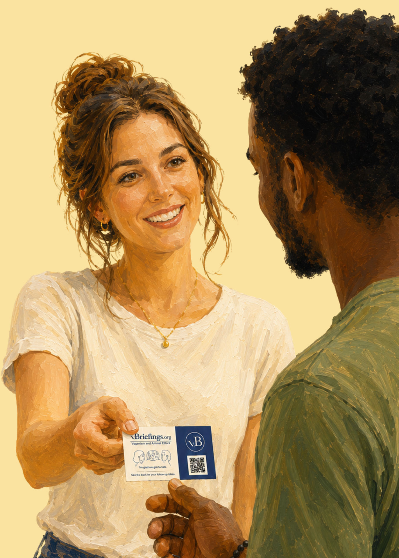 Painterly illustration of a smiling young woman handing a vBriefings outreach card to a man in a green shirt. The card includes the vBriefings logo, a QR code, and small text about veganism and animal ethics.