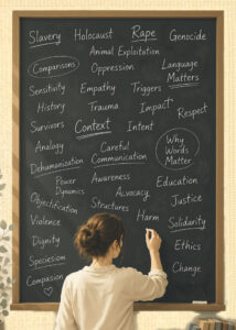 Illustration of a woman seen from behind writing on a large chalkboard filled with advocacy-related words and phrases, including “slavery,” “Holocaust,” “rape,” “genocide,” “speciesism,” “animal exploitation,” and “language matters,” suggesting caring in language choices in animal advocacy.
