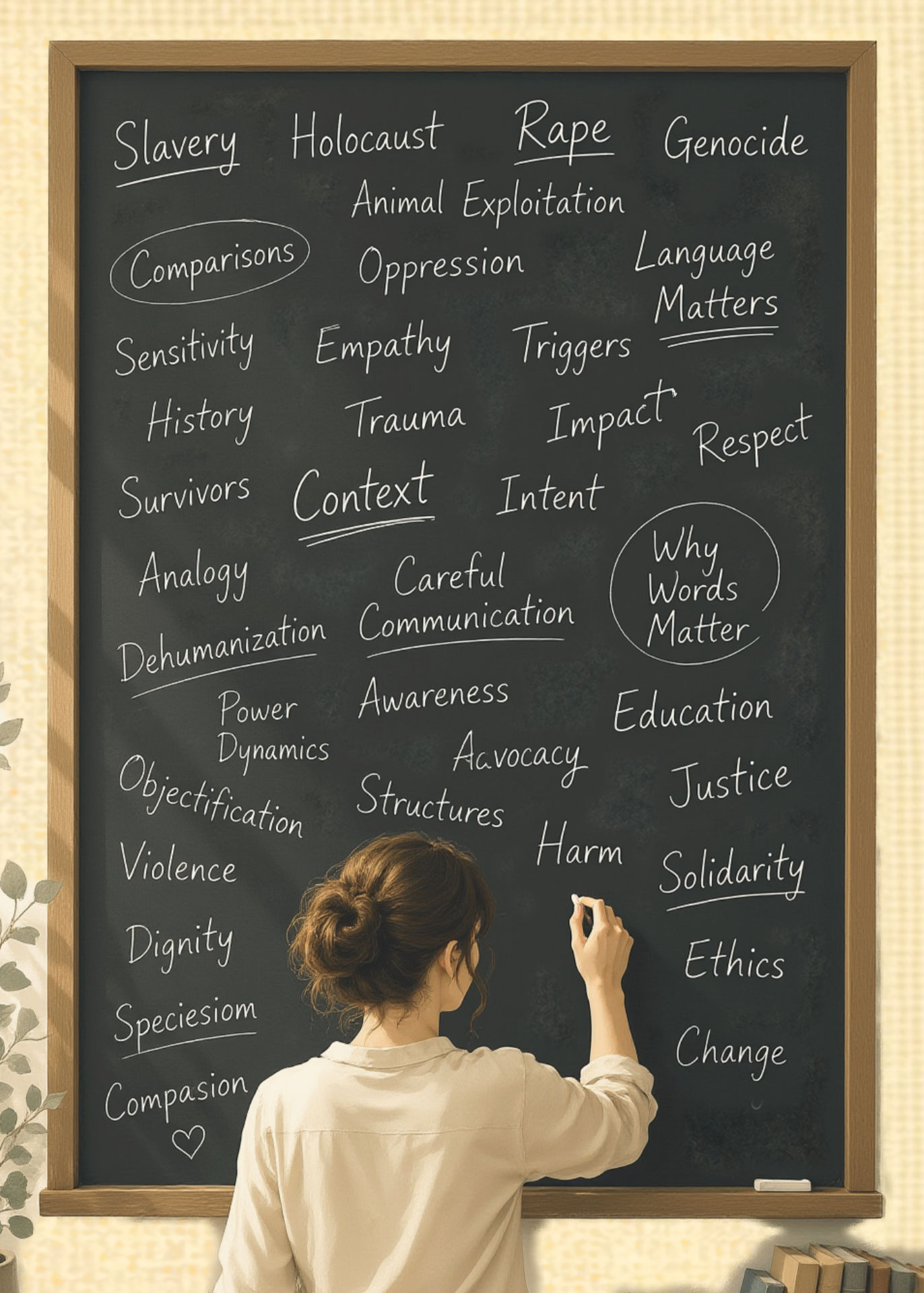 Illustration of a woman seen from behind writing on a large chalkboard filled with advocacy-related words and phrases, including “slavery,” “Holocaust,” “rape,” “genocide,” “speciesism,” “animal exploitation,” and “language matters,” suggesting caring in language choices in animal advocacy.