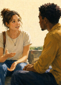 Illustration of two people having a friendly, engaged conversation in an outdoor setting.