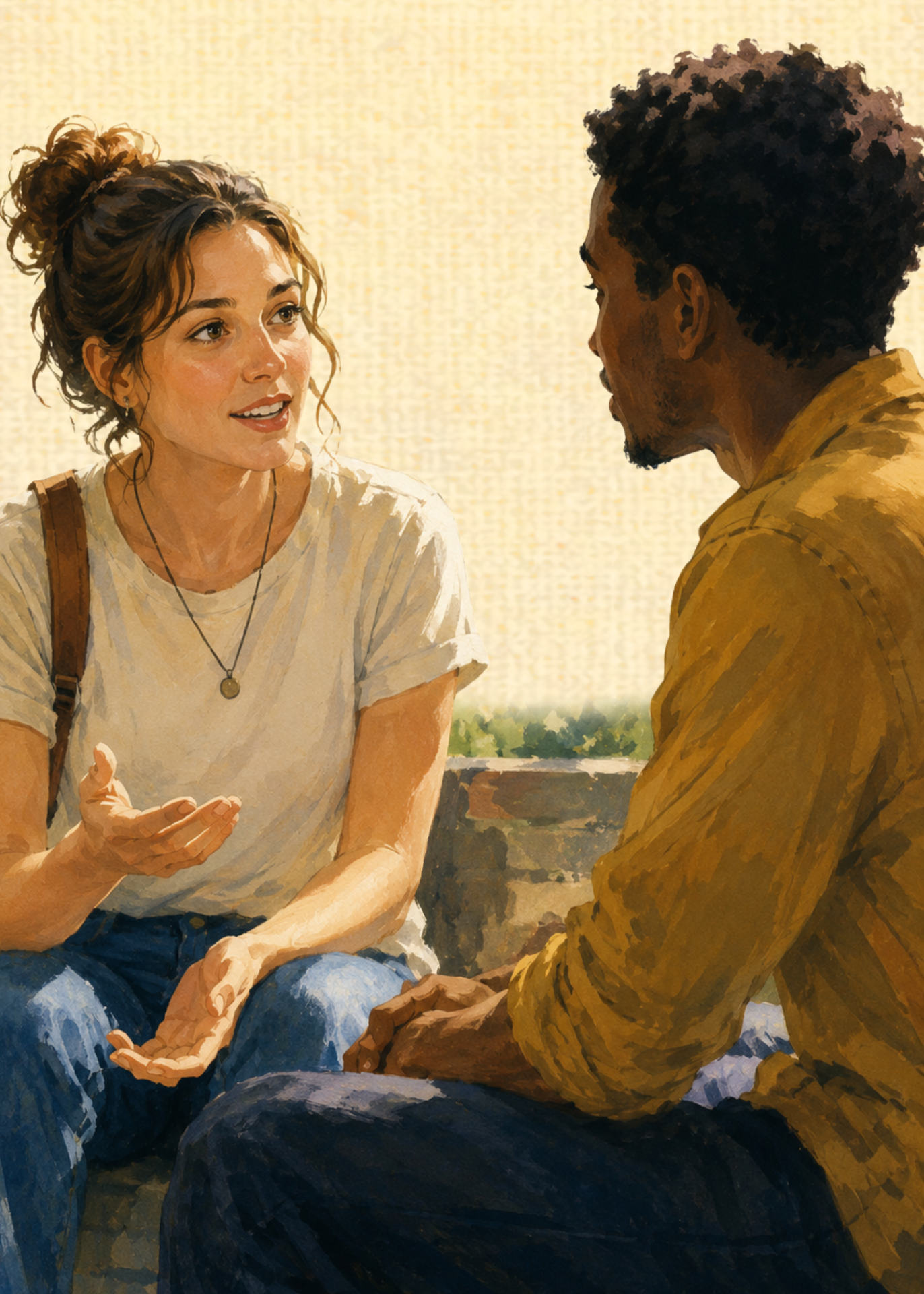 Illustration of two people having a friendly, engaged conversation in an outdoor setting.
